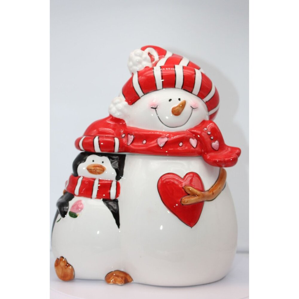 Snowman and Penguin Cookie Jar - made by Crazed Ceramic